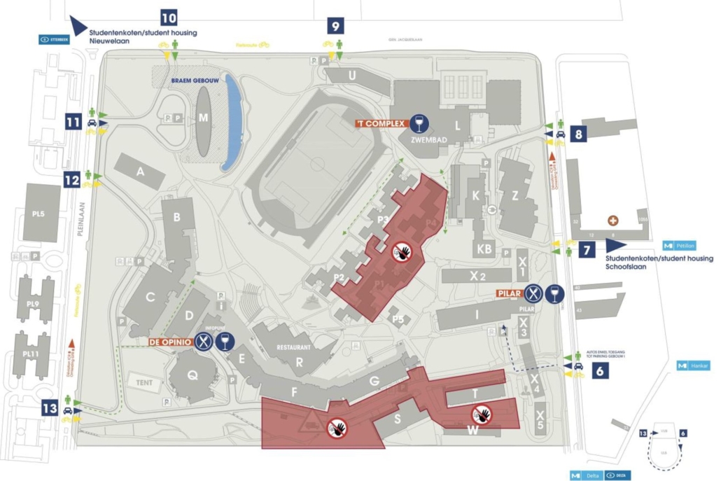 Pilar en ondergronds parking liggen aan toegang 6 aan de Triomflaan. Een groot deel ten zuiden van F en G, en de noordoostelijke blokken van de vroegere studentenverblijven zijn niet toegankelijk.